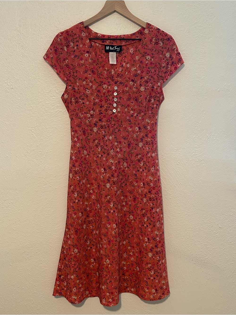 All That Jazz Floral Midi Dress Coral Pink Cottagecore Boho Vintage Fit & Flare
